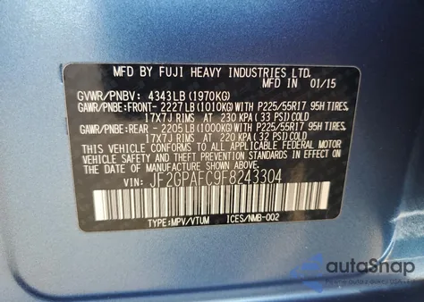 2015 Subaru Xv Crosstrek 2.0 Premium z USA, uszkodzony, nr VIN JF2GPAFC9F8243304